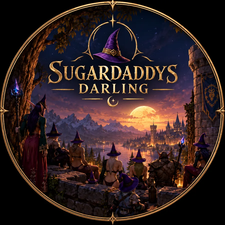 Sugardaddys Darling crest: Darlings in purple hats overlooking the city at dusk